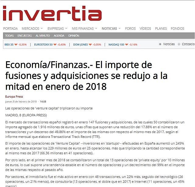 El importe de fusiones y adquisiciones se redujo a la mitad en enero de 2018